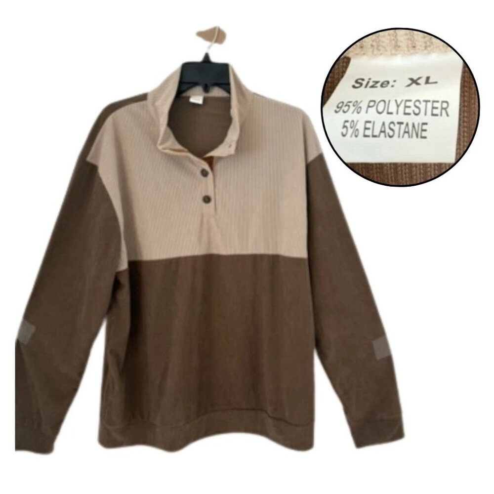 Neutral Colorblock Pullover Sweatshirt XL Brown Tan Corduroy Quarter Snap Top